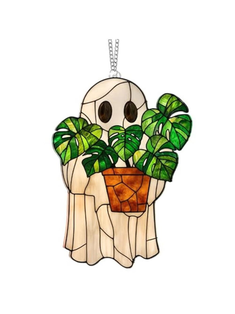Halloween Stained Glass Ghost Plant Ornament, Suncatcher Decor